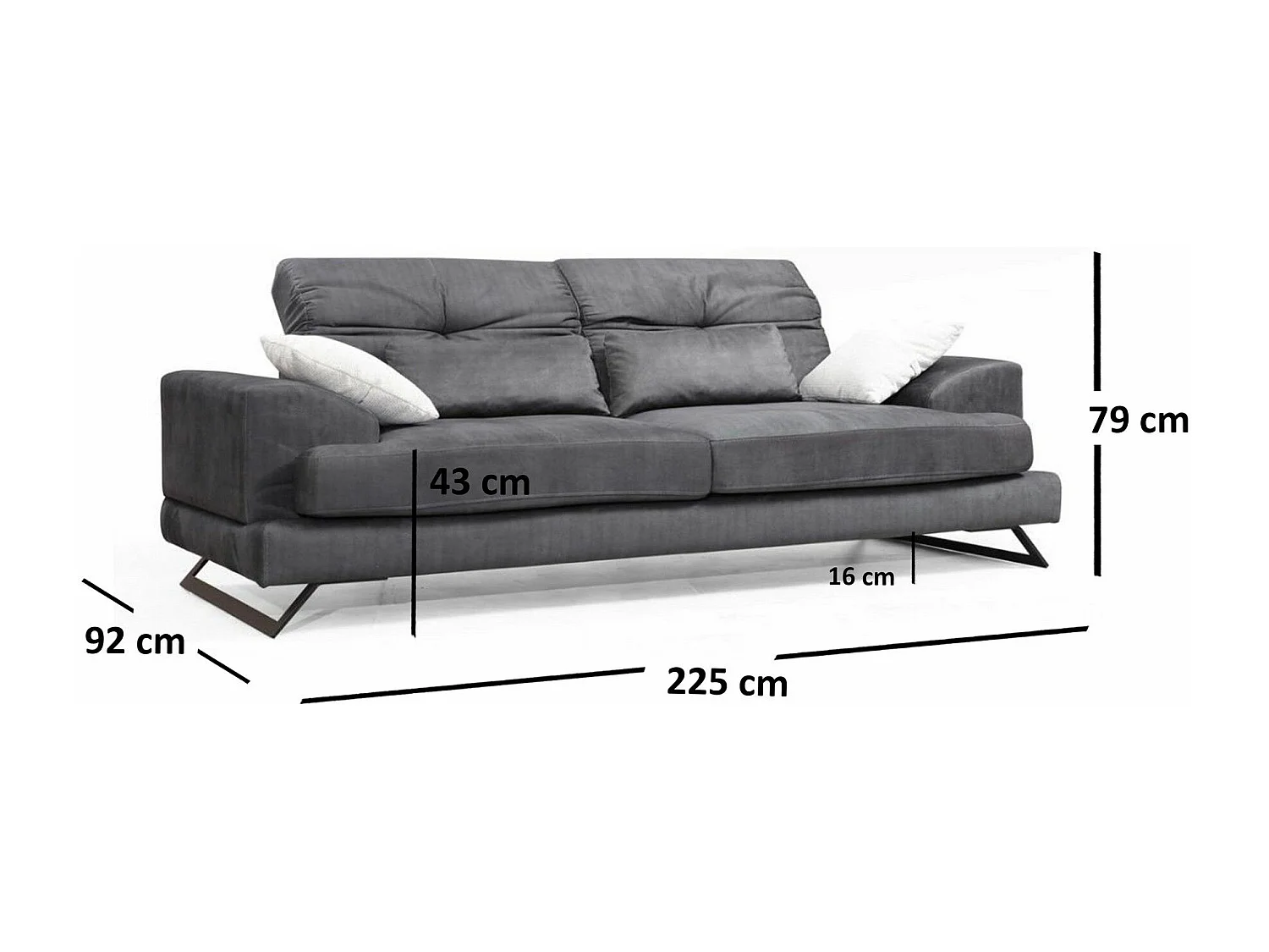 Sofá Altadena 207, Gris, 225x92x79cm, Tapiz, Patas: Metal