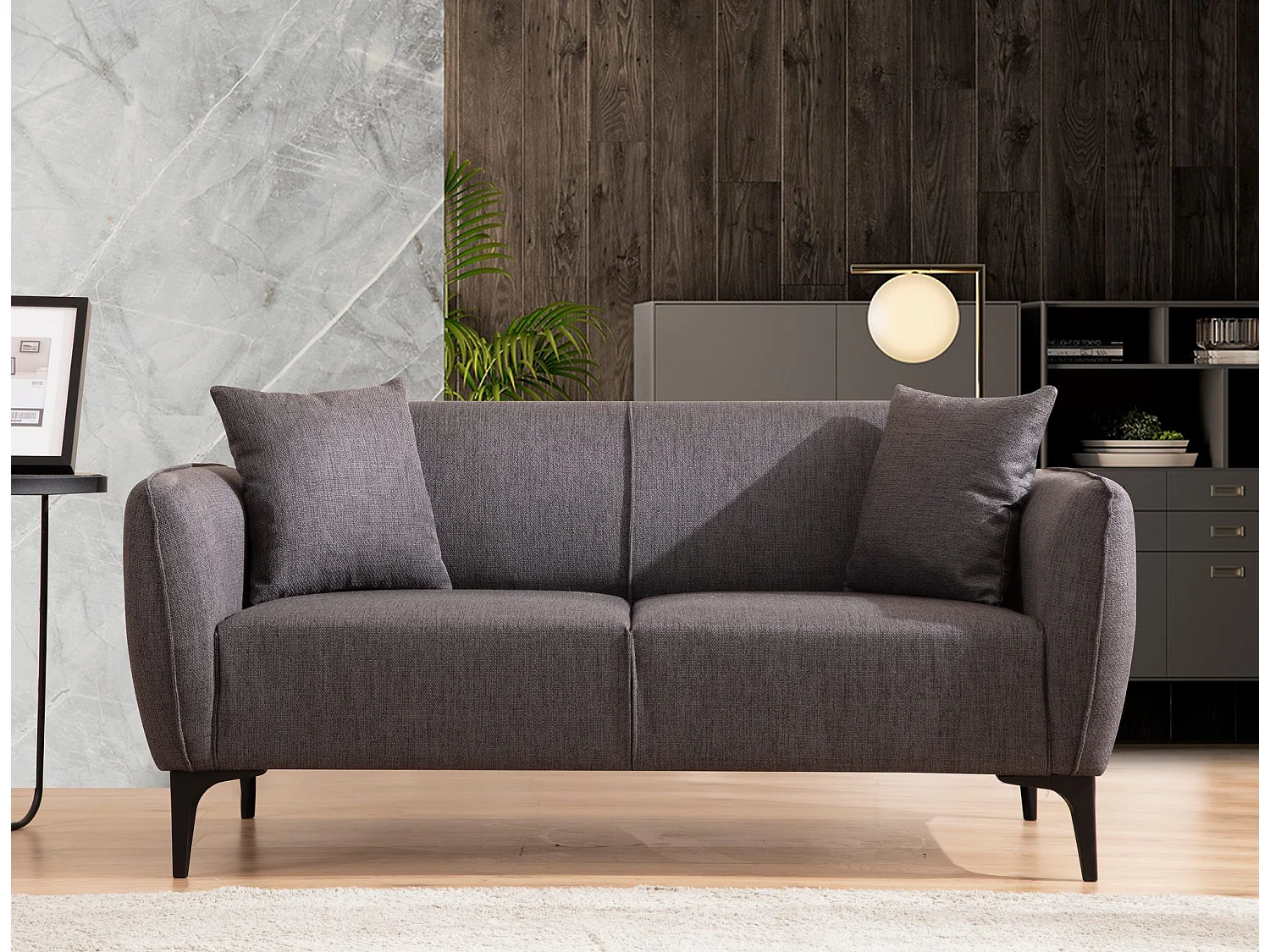 Canapé 2 places avec 2 coussins Torga Tissu Gris foncé