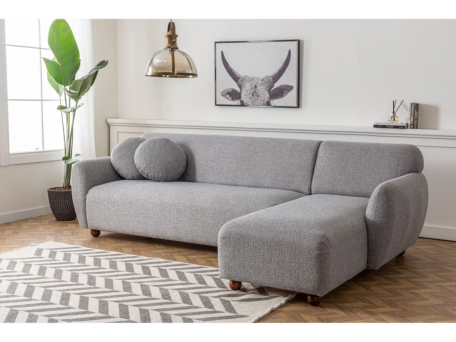 Canapé d'angle à droite avec 2 coussins Irek Tissu Gris clair