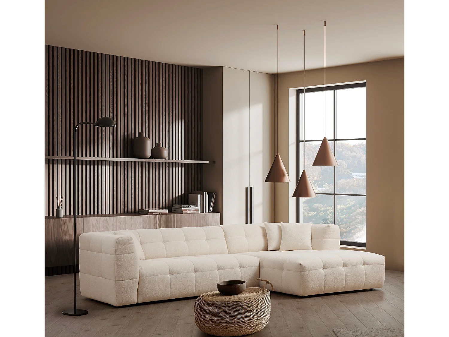 Canapé d'angle à droite Simur Tissu bouclette Beige