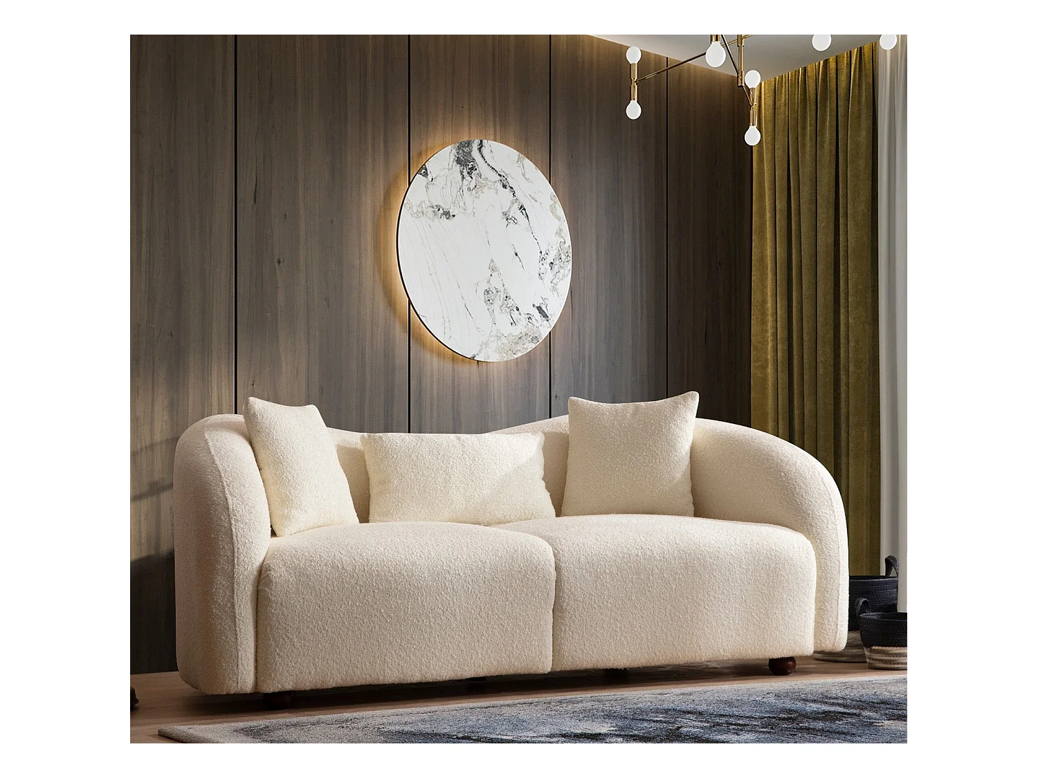 Canapé 2 places avec 2 coussins Helfert Tissu bouclé Blanc crème