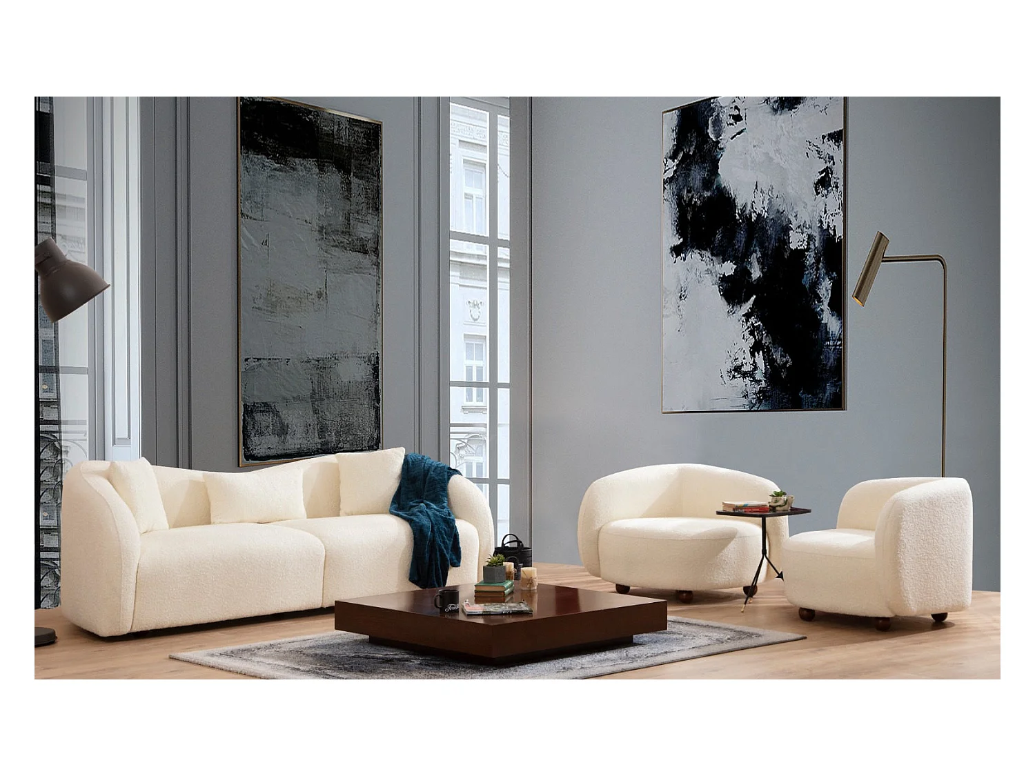 Canapé 2 places avec 2 coussins Helfert Tissu bouclé Blanc crème