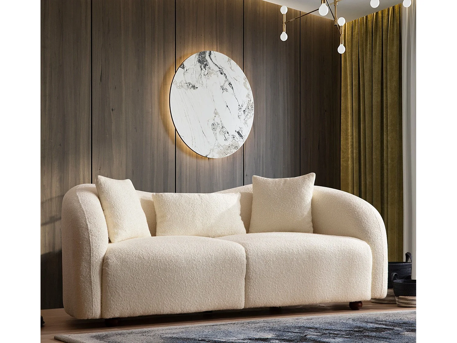 Canapé 2 places avec 2 coussins Helfert Tissu bouclé Blanc crème