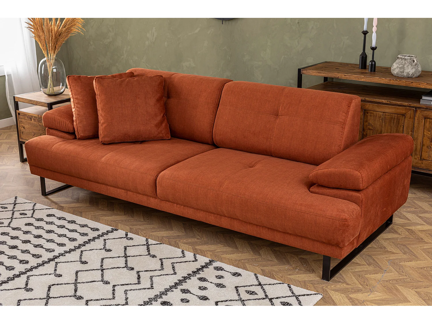 Moderne 3-zits rechte bank zacht oranje stof zwart metalen poten Kustone 239 cm