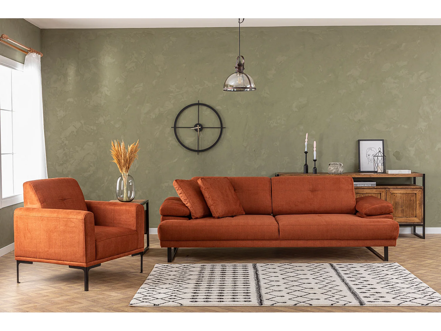 Moderne 3-zits rechte bank zacht oranje stof zwart metalen poten Kustone 239 cm