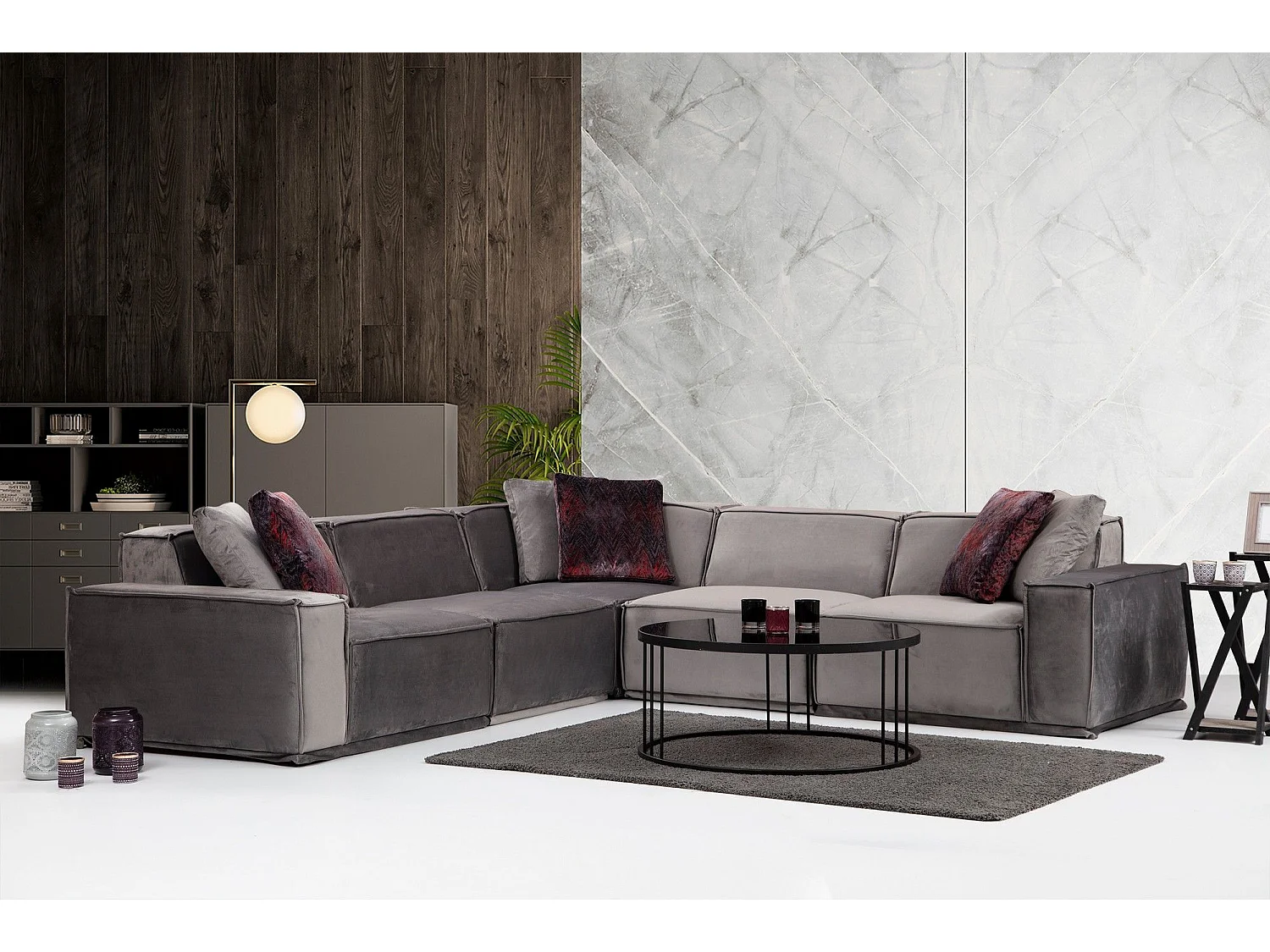 Canapé d'angle modulable avec 4 coussins Buhaj Tissu Gris