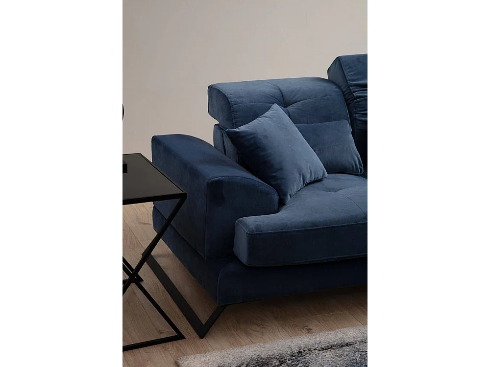 Canapé d'angle à droite avec 5 coussins Cyclades Velours texturé effet cuir Bleu marine