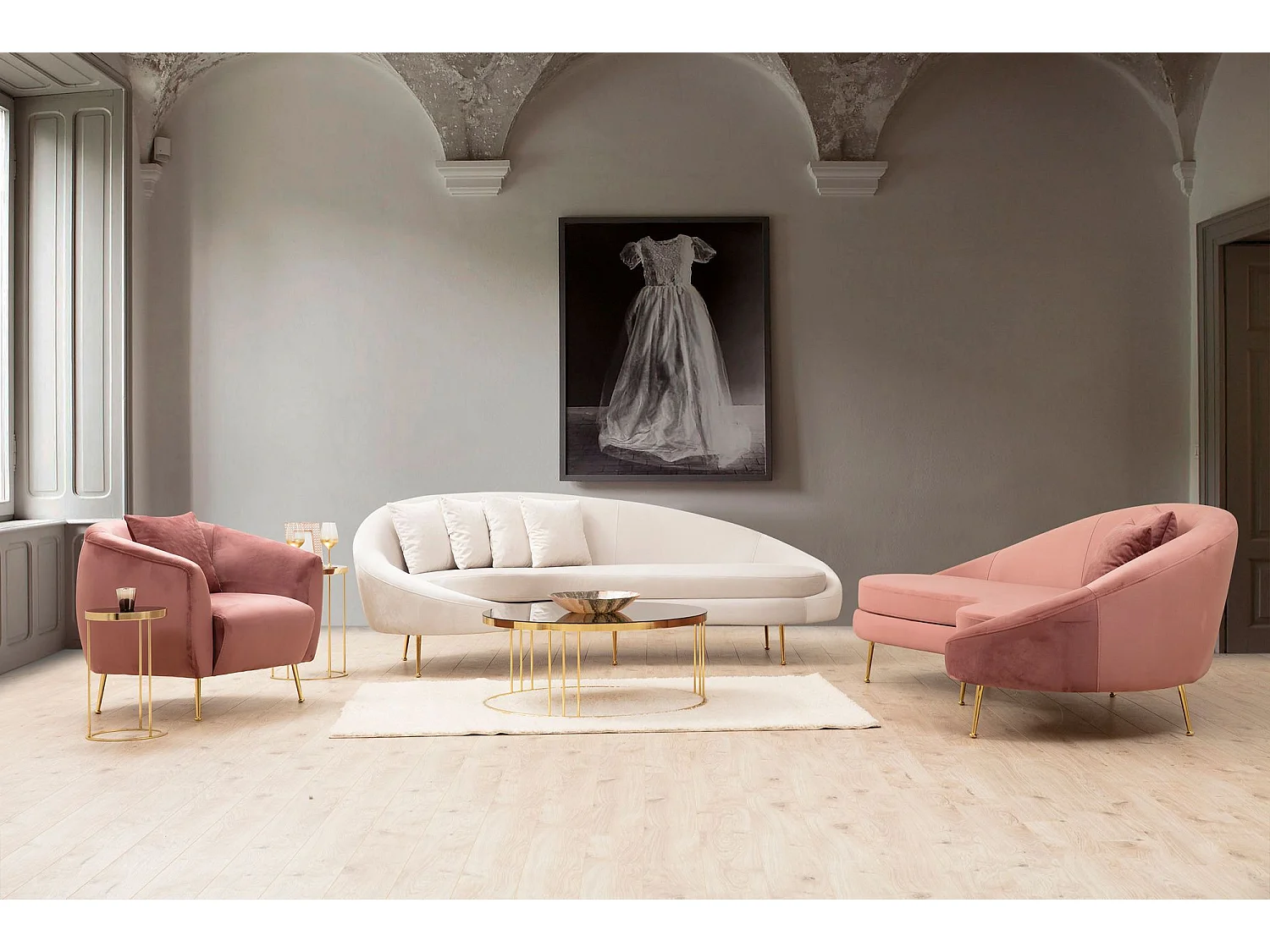 Sofá Altadena 102, De color marrón claro, 255x120x85cm, Tapiz, Patas: Metal