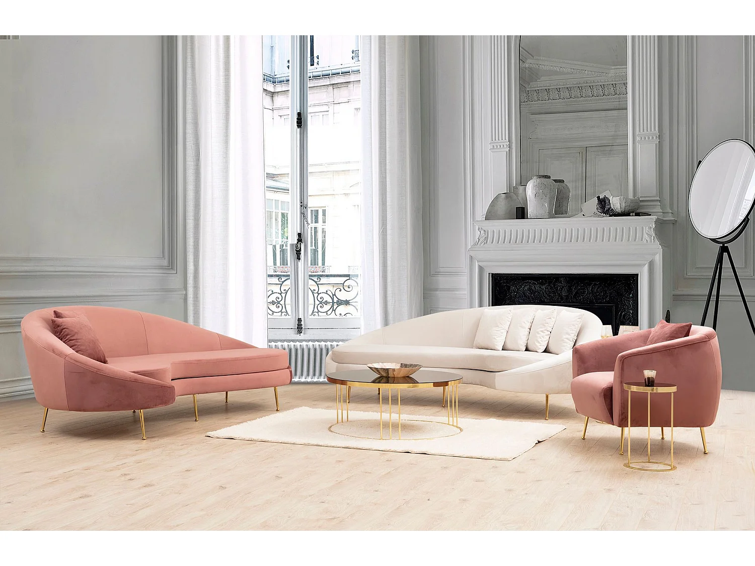 Canapé d'angle à droite avec 2 coussins Santorin Velours Beige