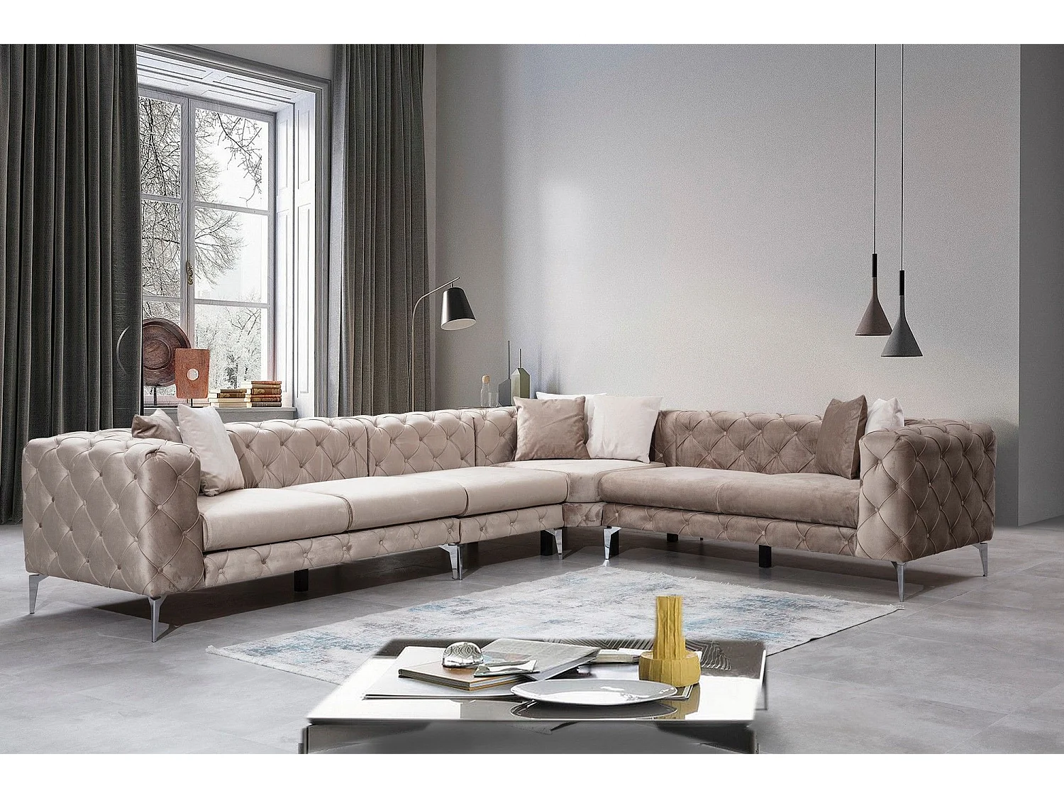 Canapé d'angle à droite capitonné Alykes Velours Beige