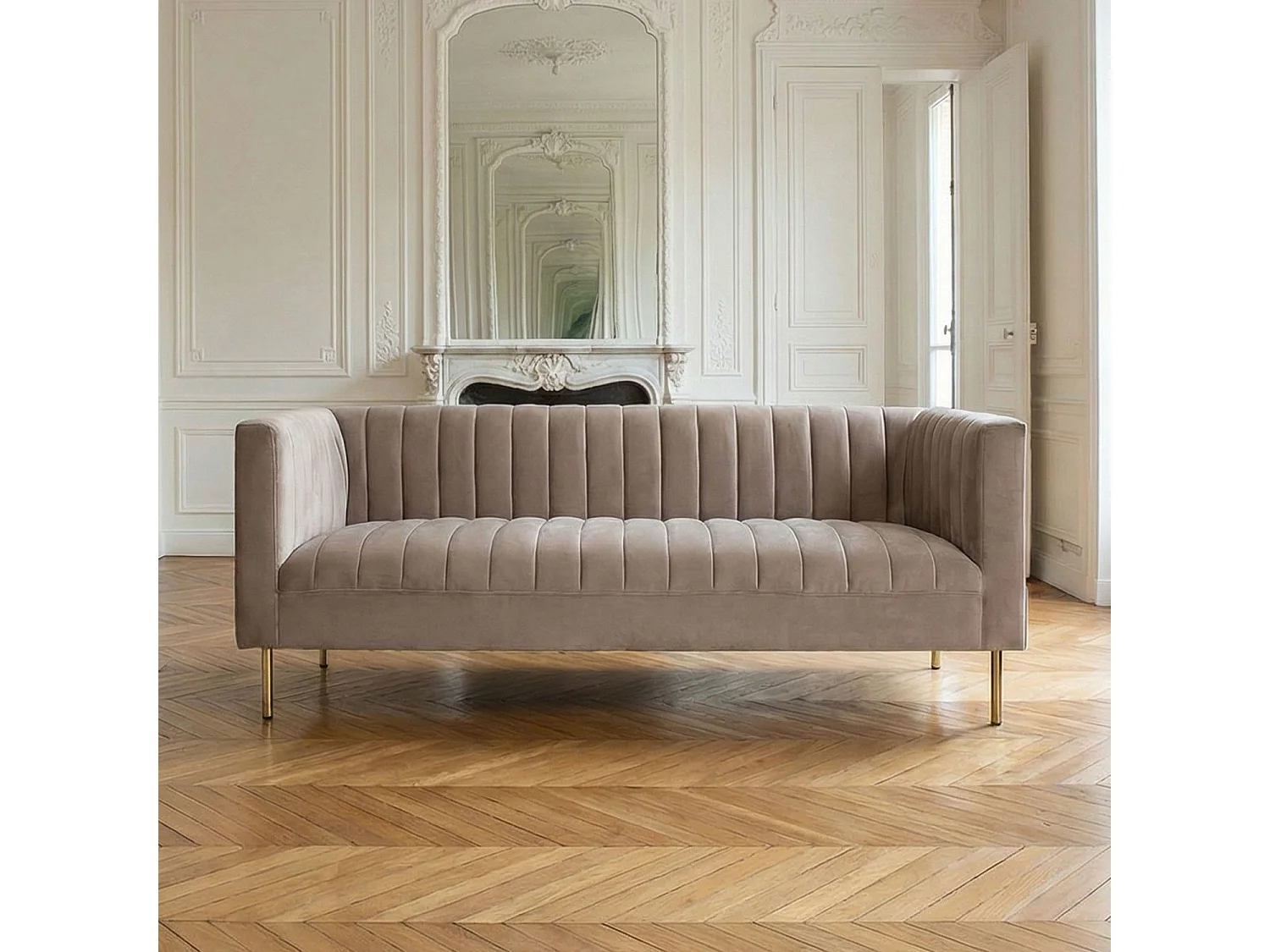 Canapé moderne 3 places à coutures verticales Sacramento Velours Taupe