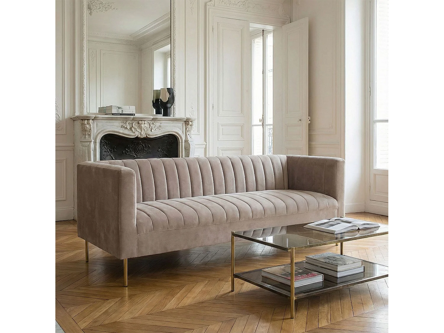 Canapé moderne 3 places à coutures verticales Sacramento Velours Taupe