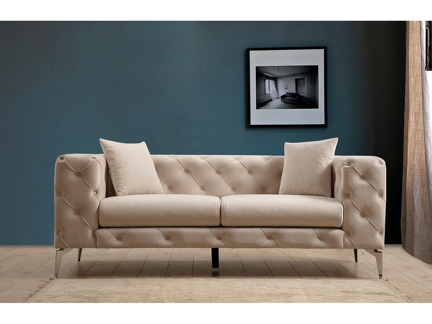 Sofá chesterfield Altadena 354, De color marrón claro, 197x90x73cm, Tapiz, Patas: Metal