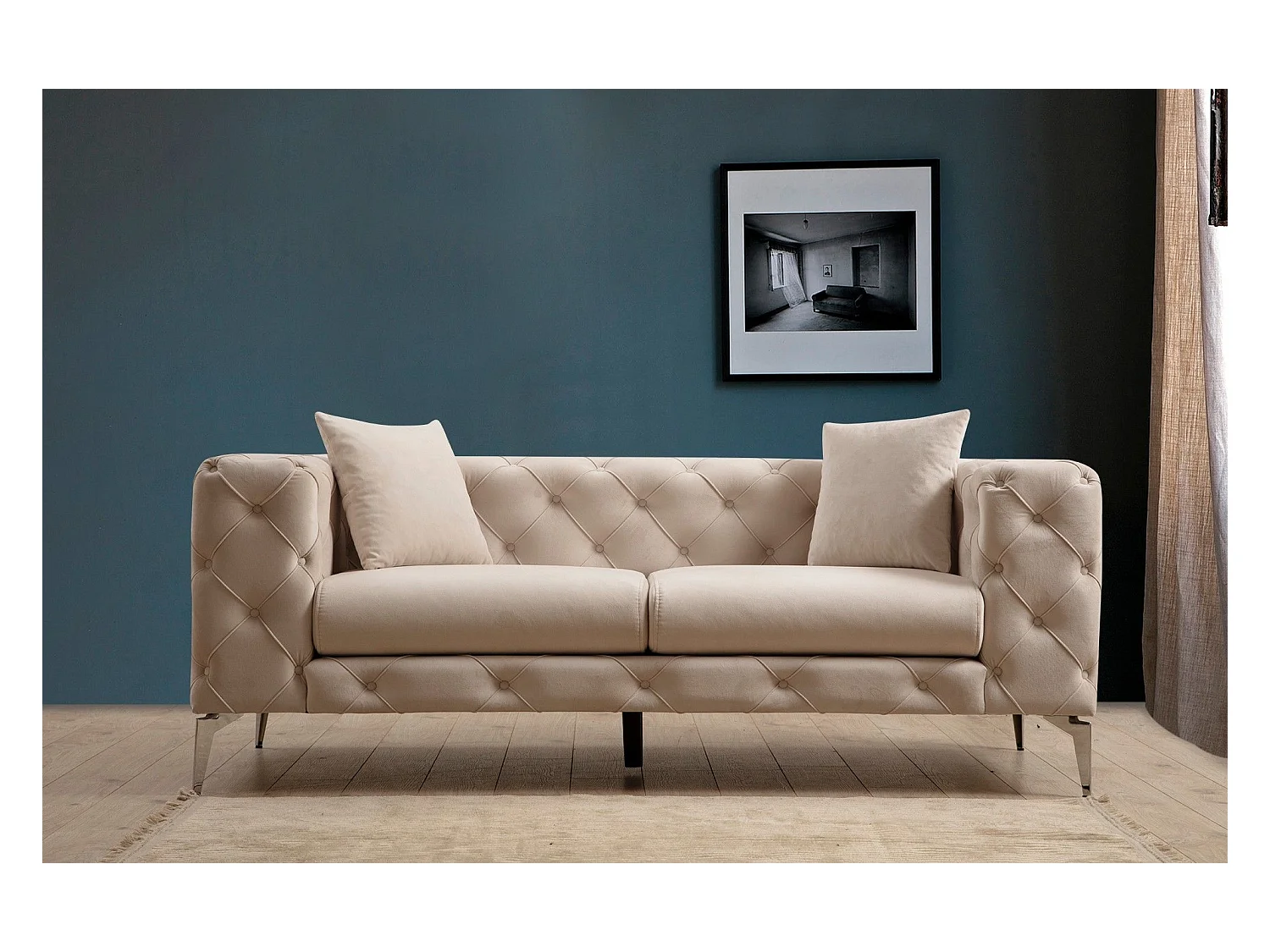 Canapé capitonné 2 places Alykes Velours Beige