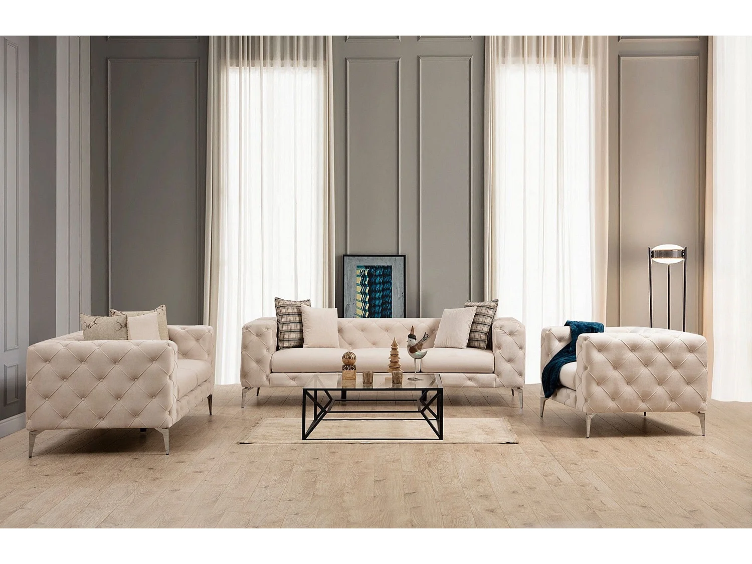 Canapé capitonné 2 places Alykes Velours Beige