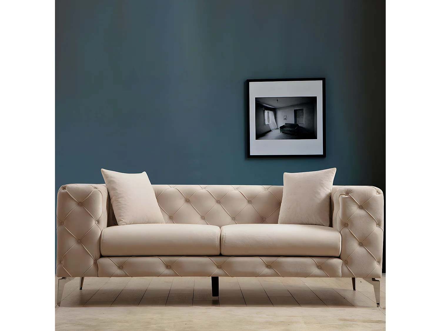 Canapé capitonné 2 places Alykes Velours Beige