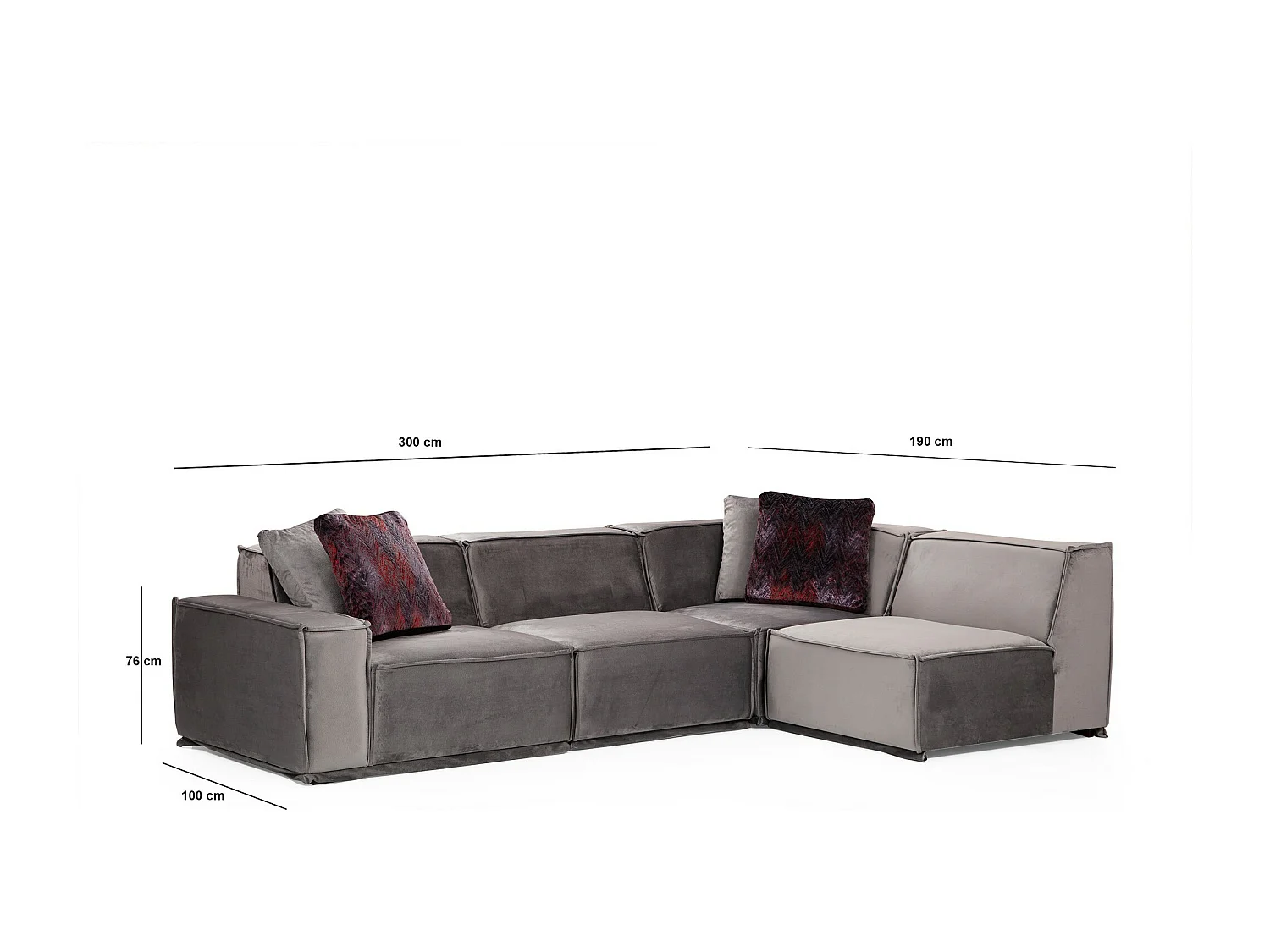 Kego grijze fluwelen modulaire hoekbank L 300 x D 190 cm-juiste hoek