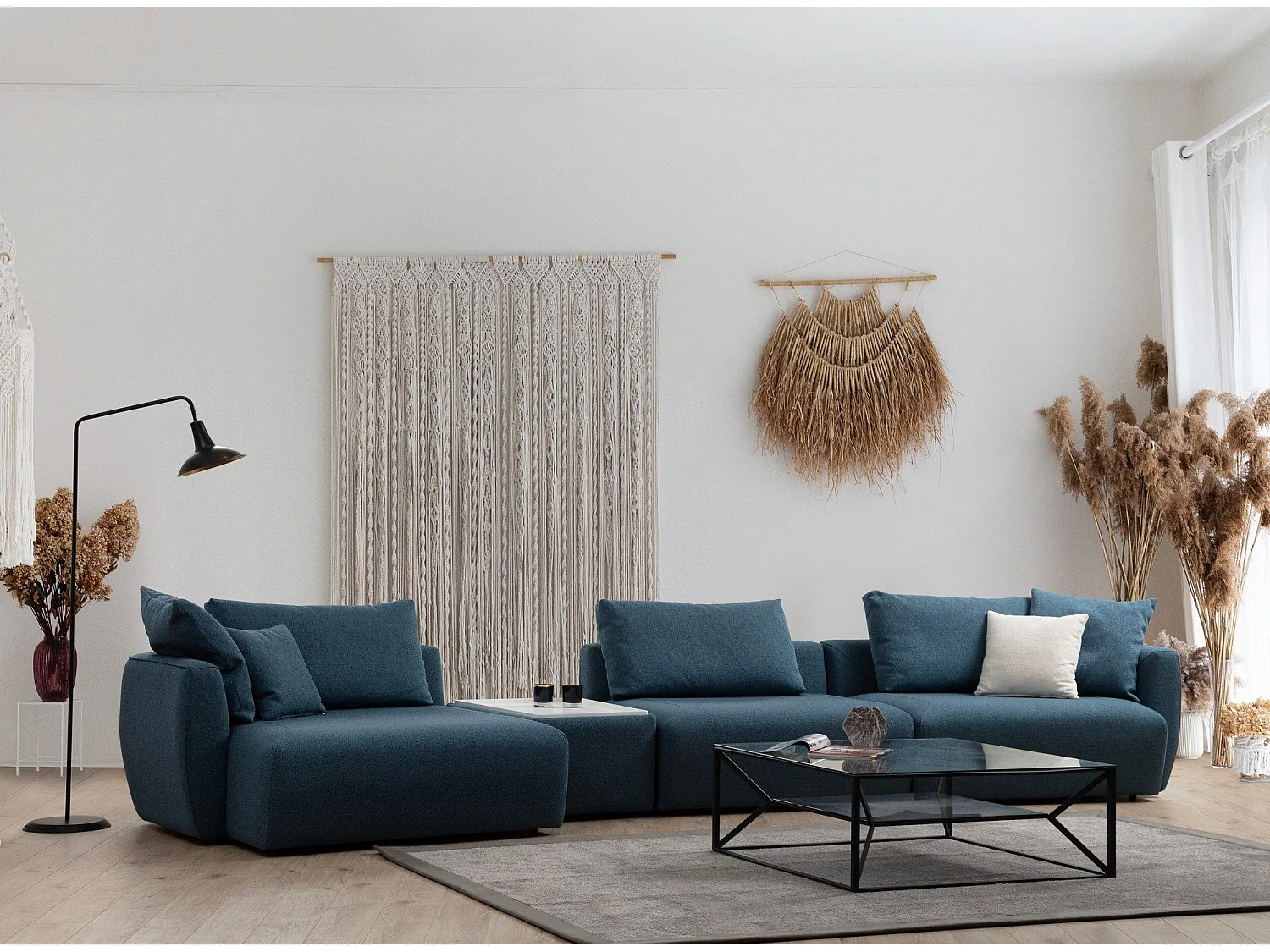 Canapé modulable 3 places avec table d'appointe Vuros Tissu Bleu
