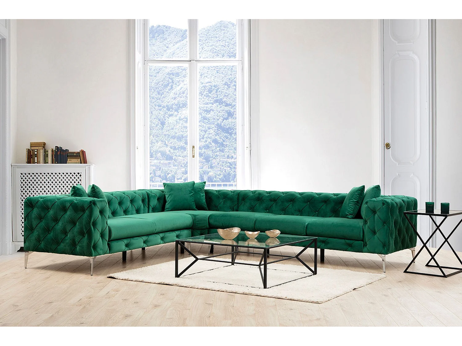 Canapé d'angle à droite capitonné Alykes Velours Vert