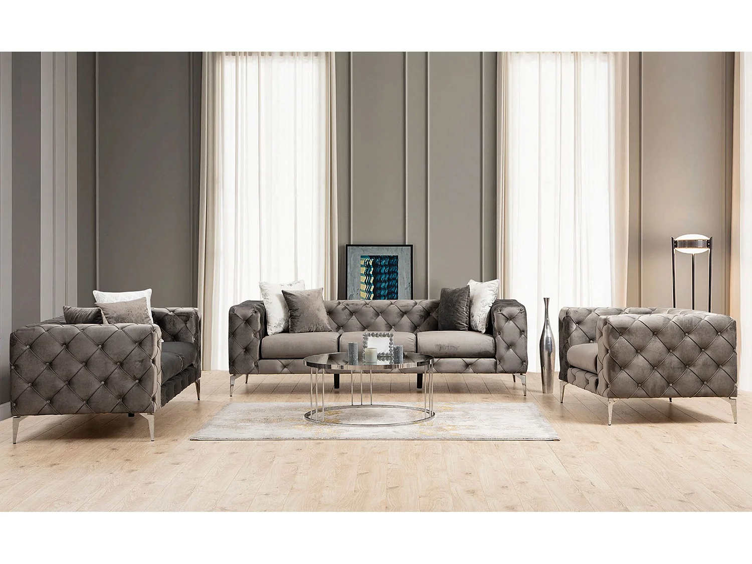 Sofá chesterfield Altadena 354, Gris, 197x90x73cm, Tapiz, Patas: Metal