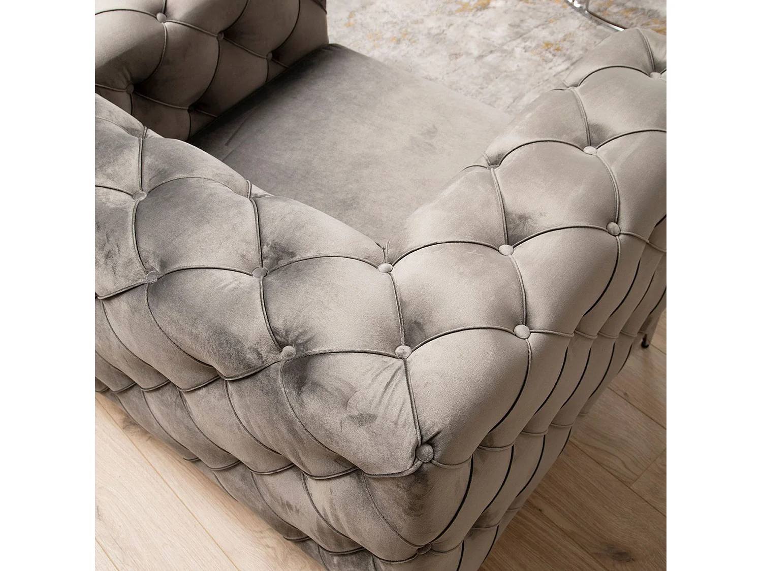 Sofá chesterfield Altadena 354, Gris, 197x90x73cm, Tapiz, Patas: Metal
