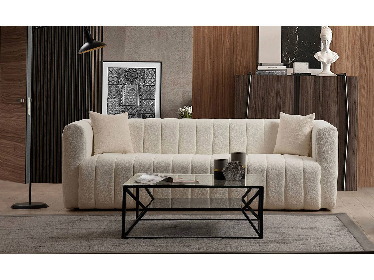 Canapé 3 places contemporain avec 2 coussins Bernera Tissu bouclette Blanc crème