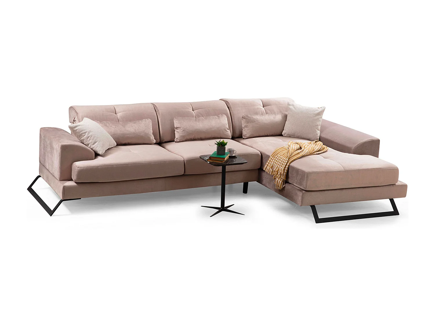 Canapé d'angle à droite avec 5 coussins Cyclades Velours texturé effet cuir Taupe clair