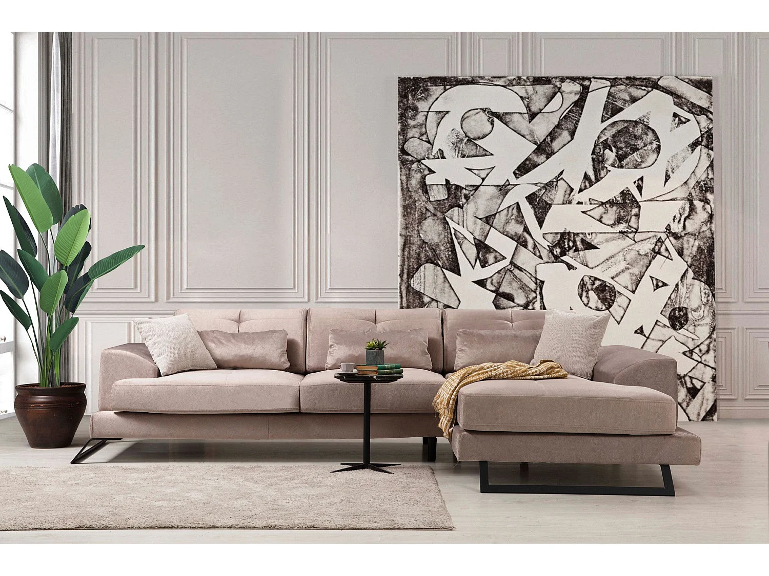 Canapé d'angle à droite avec 5 coussins Cyclades Velours texturé effet cuir Taupe clair