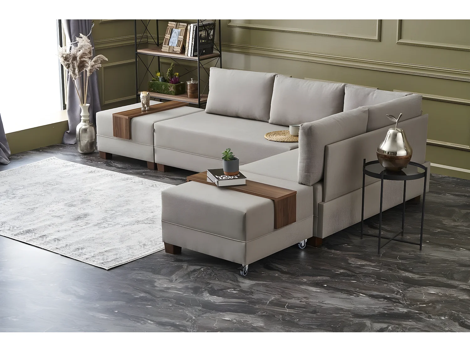 Canapé d'angle à droite modulable Gialos Tissu Blanc crème