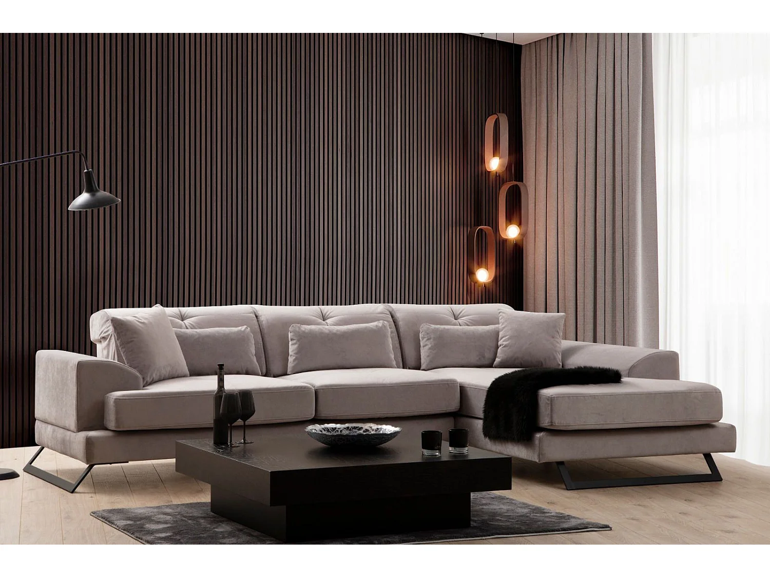 Canapé d'angle à droite avec 5 coussins Cyclades Velours texturé effet cuir Gris clair