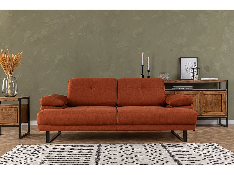 Moderne 2-zits rechte bank zacht oranje stof zwart metalen poten Kustone 199 cm