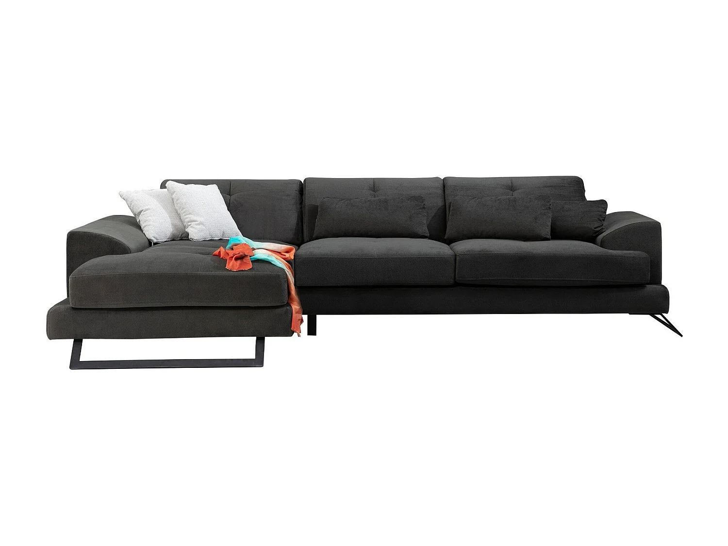 Canapé d'angle gauche avec 5 coussins Cyclades Velours texturé effet simili de vachette Anthracite