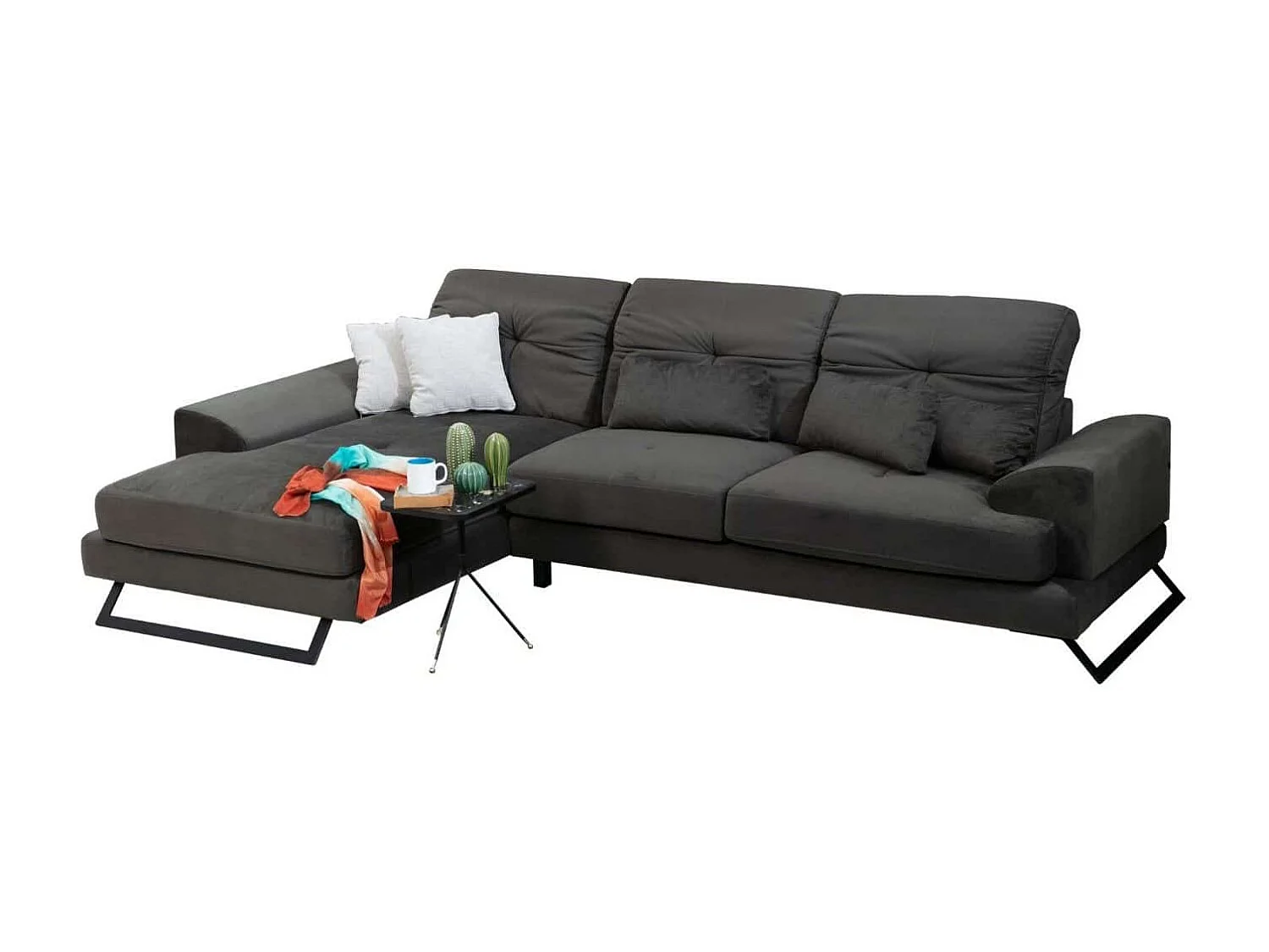 Canapé d'angle gauche avec 5 coussins Cyclades Velours texturé effet simili de vachette Anthracite