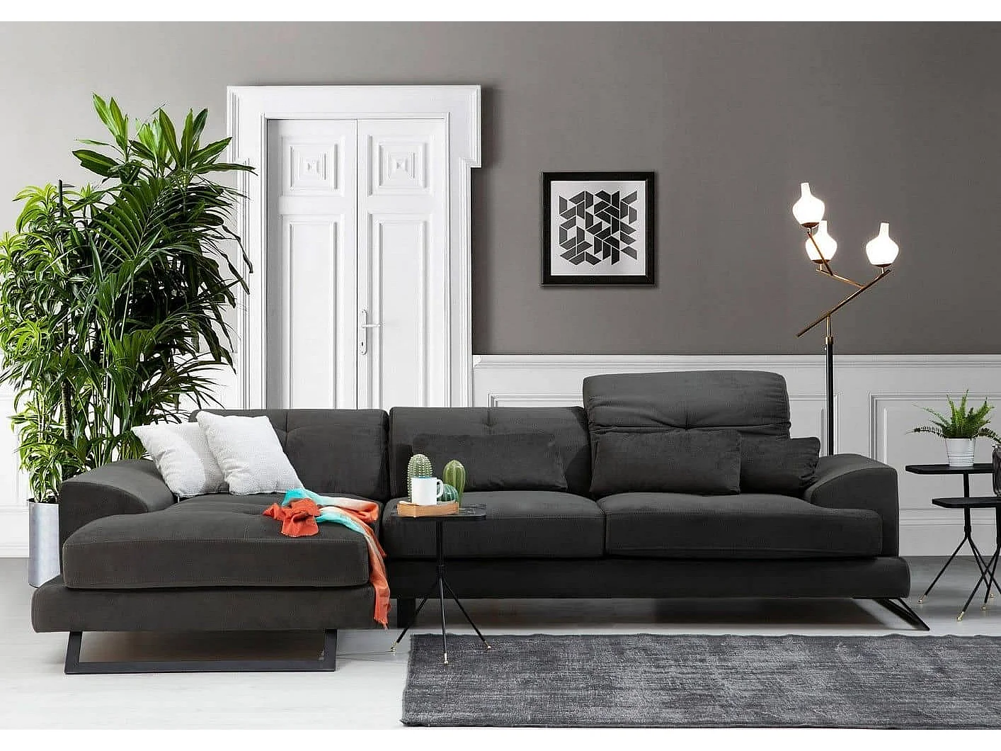 Canapé d'angle gauche avec 5 coussins Cyclades Velours texturé effet simili de vachette Anthracite