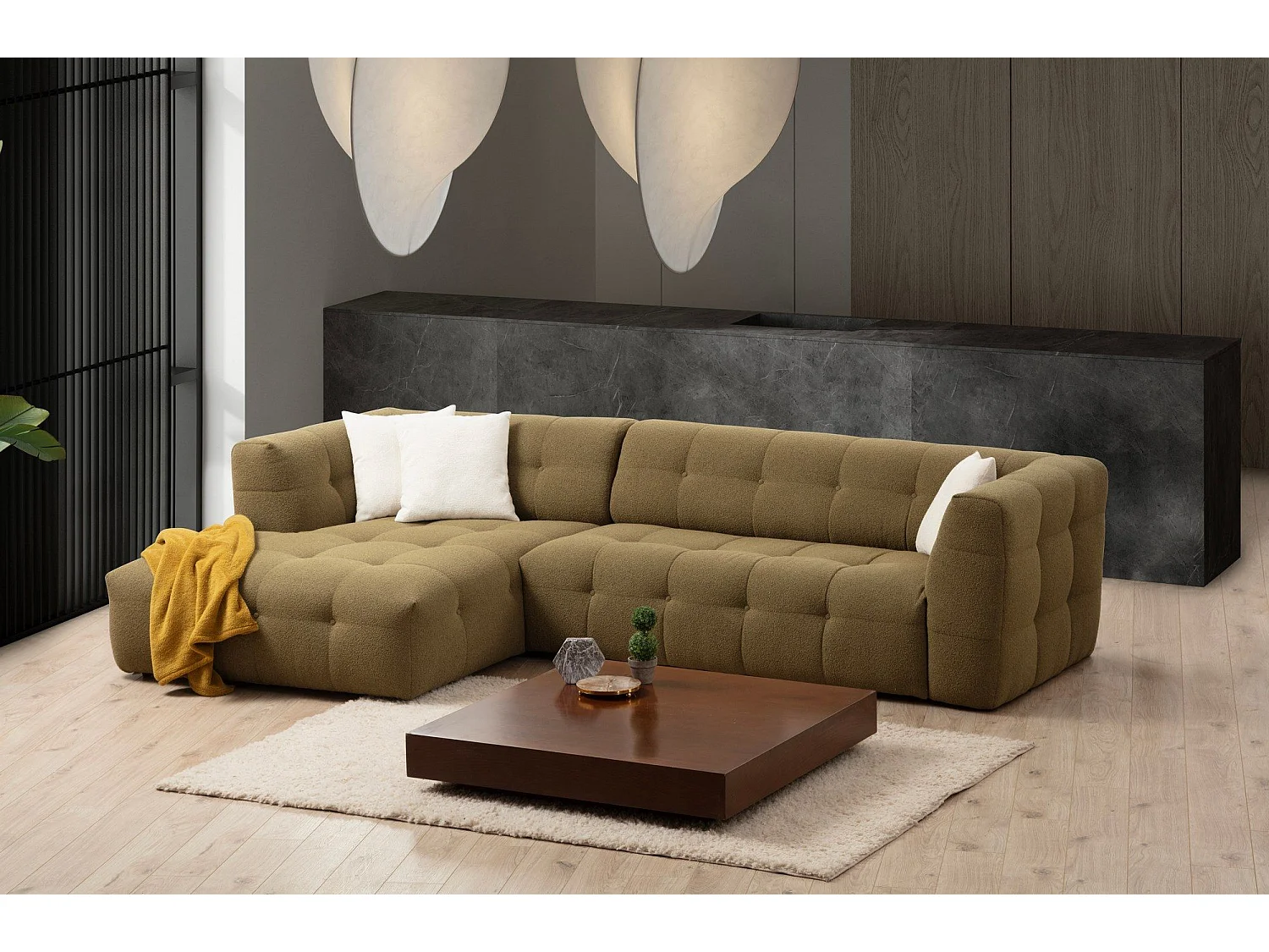 Canapé d'angle à gauche Simur Tissu bouclette Kaki