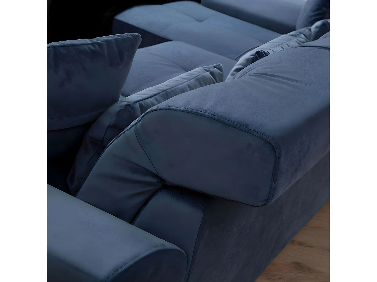 Canapé d'angle gauche avec 5 coussins Cyclades Velours texturé effet simili de vachette Bleu marine