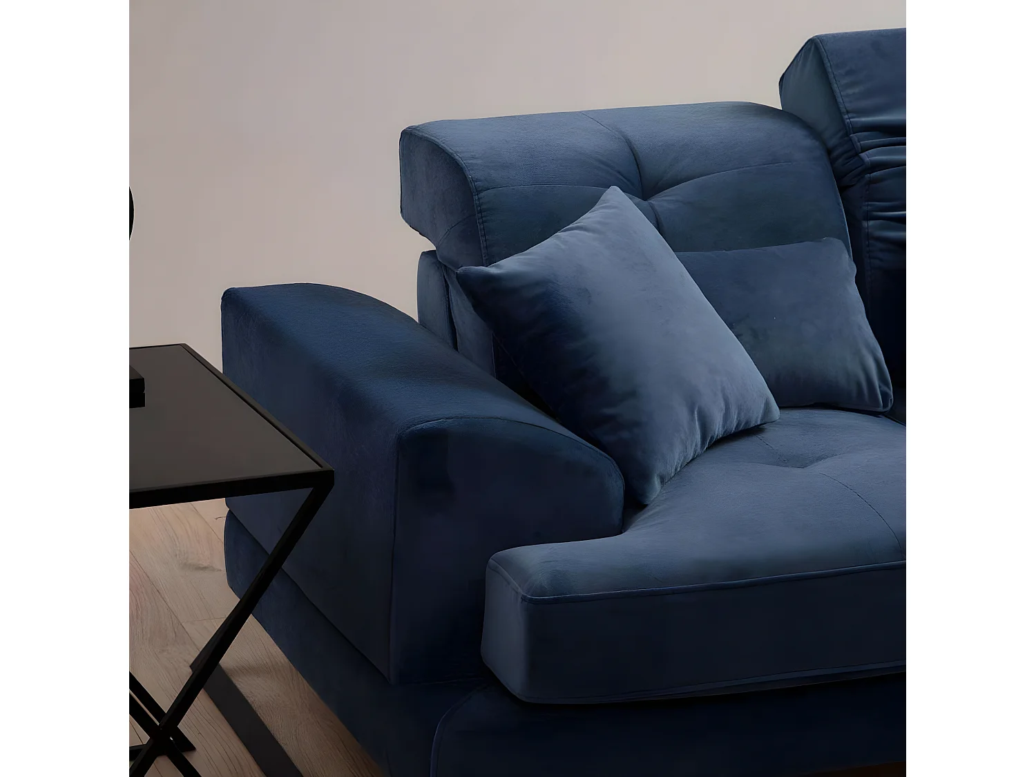 Canapé d'angle gauche avec 5 coussins Cyclades Velours texturé effet simili de vachette Bleu marine