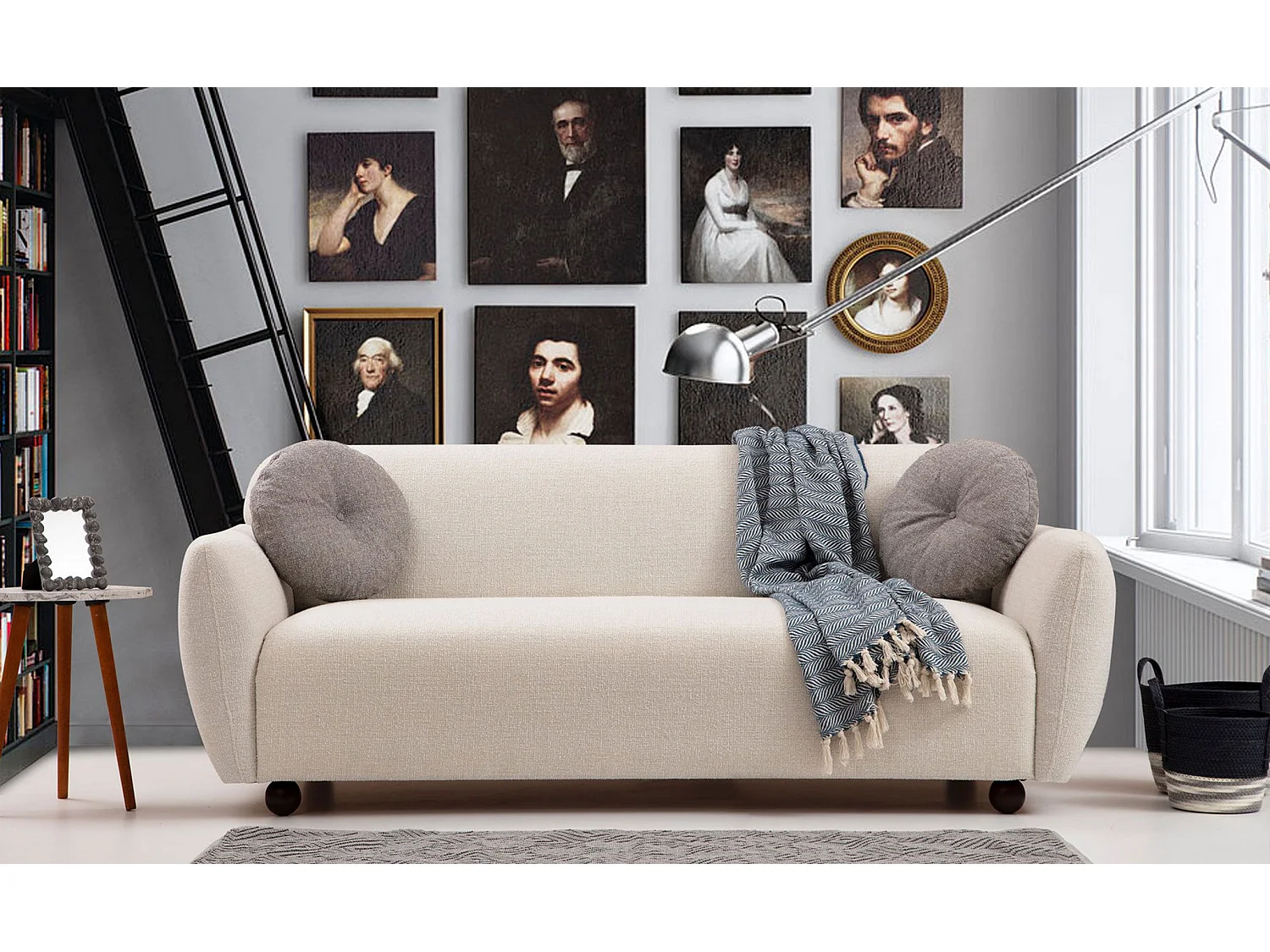 Canapé 3 places avec 2 coussins Irek Bois massif et Tissu Blanc crème