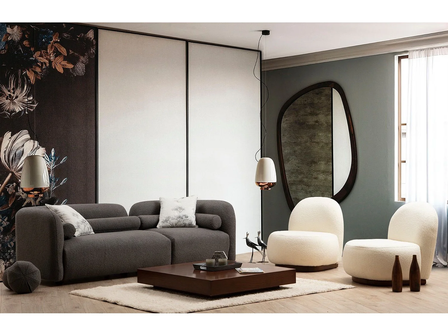 Sofá Altadena 123, Gris, 228x74x74cm, Tapiz, Patas: Madera