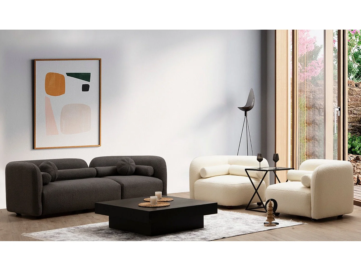 Canapé modulable 3 places avec 2 coussins Rossetti Tissu bouclette Gris foncé