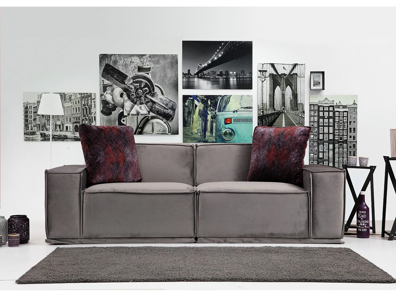 Canapé modulable 2 places avec coussins Buhaj Tissu Gris