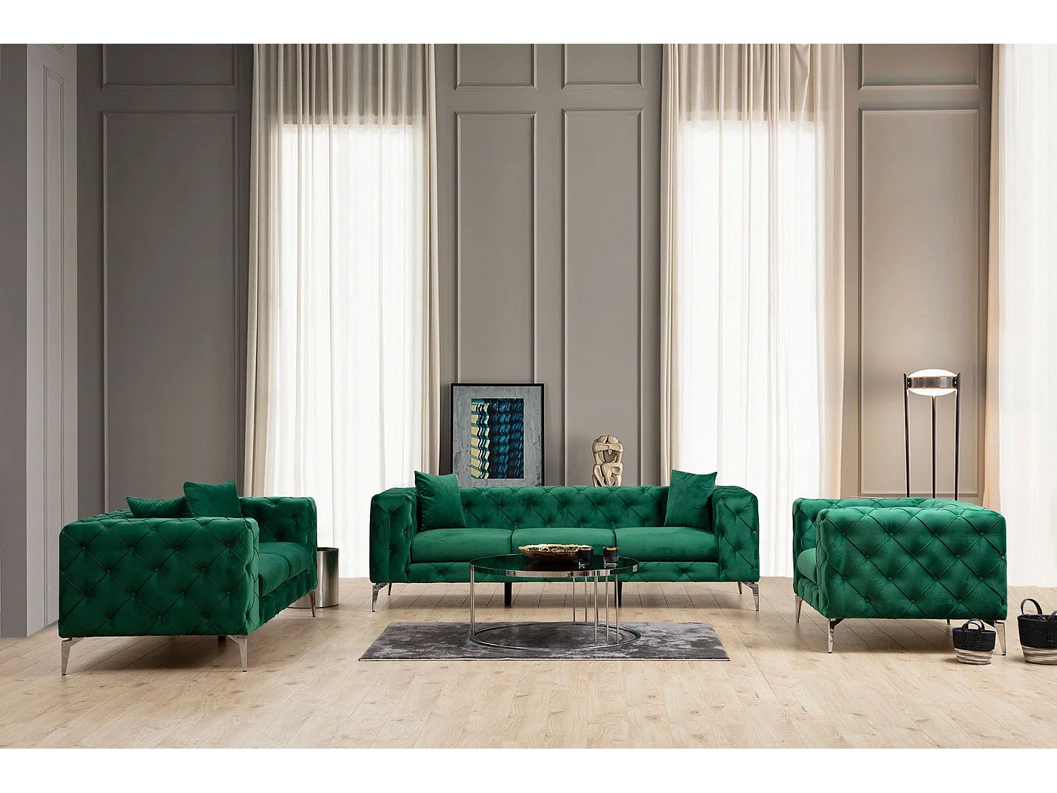 Sofá chesterfield Altadena 354, Verde, 197x90x73cm, Tapiz, Patas: Metal