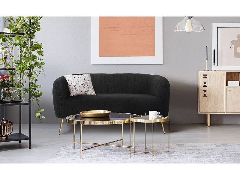 Canapé 2 places moderne Bombaro pieds métal doré et Tissu bouclette Noir