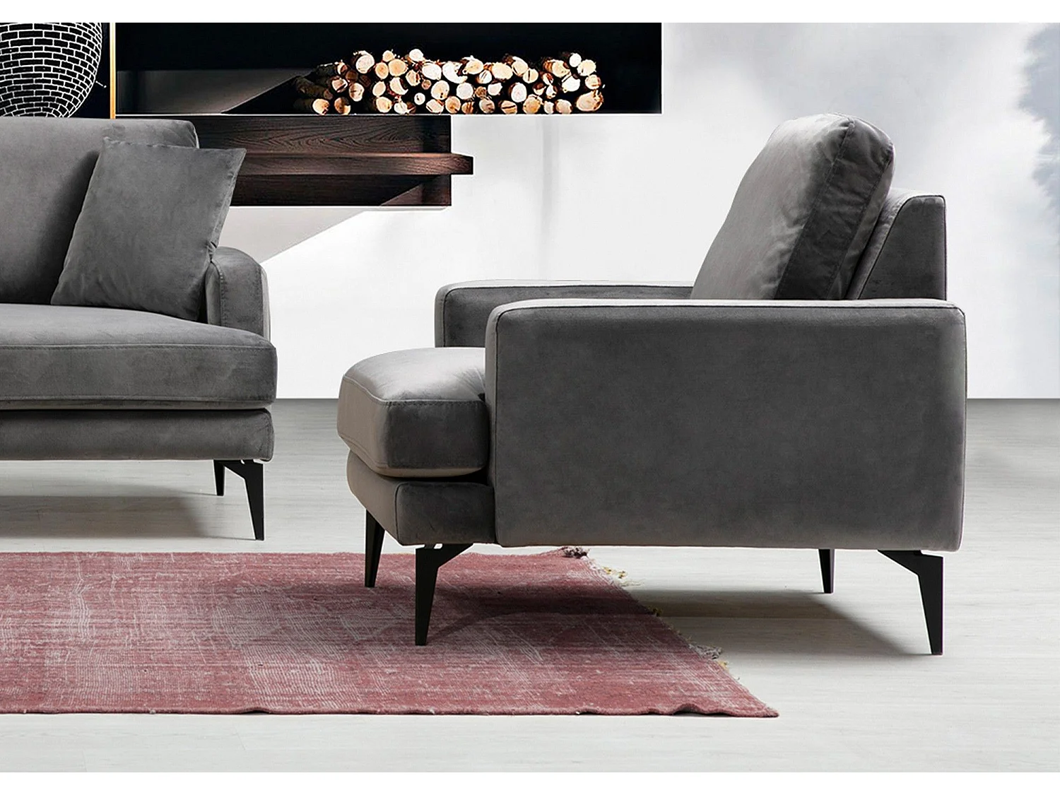 Poltrona de orelhas estilosa, antracite, 80 x 90 x 88 cm | Estrutura em madeira de faia e aglomerado, 100% poliéster, espuma cinza macia | Design indu