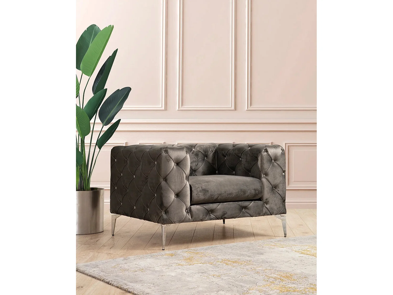 Fauteuil capitonné avec coussin Alykes Velours Anthracite