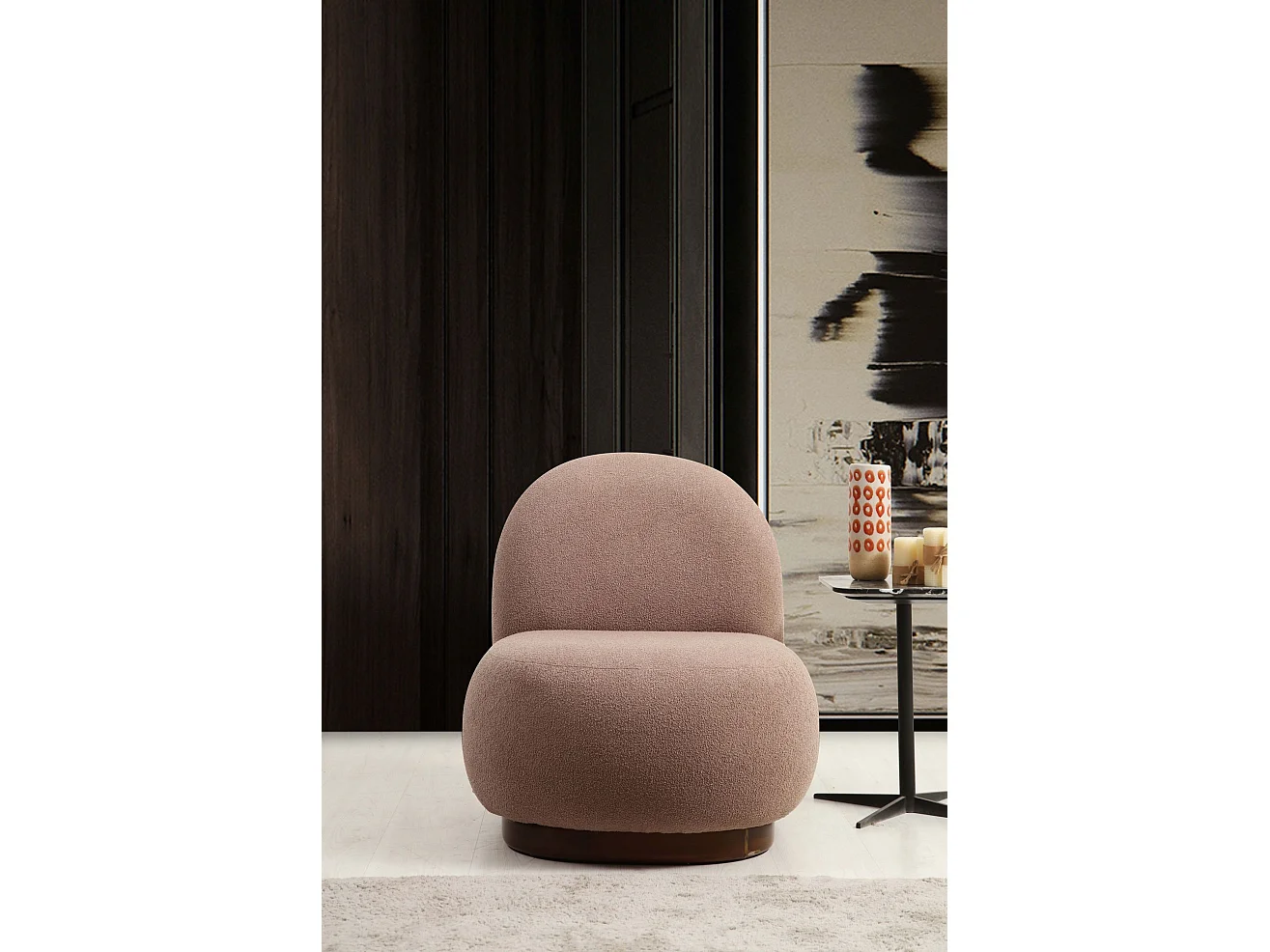 Poltrona Elegante, Cor Cappuccino, 74 x 85 x 75 cm | Estrutura em madeira de faia e aglomerado, 100% poliéster, pernas em nogueira | Perfeita para dec