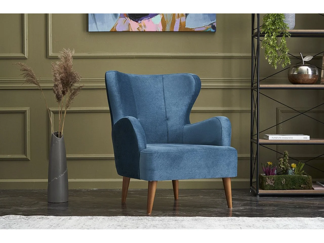 Poltrona Elegante – 73x87x80 cm – Azul – Tecido de Veludo e Madeira de Carpa