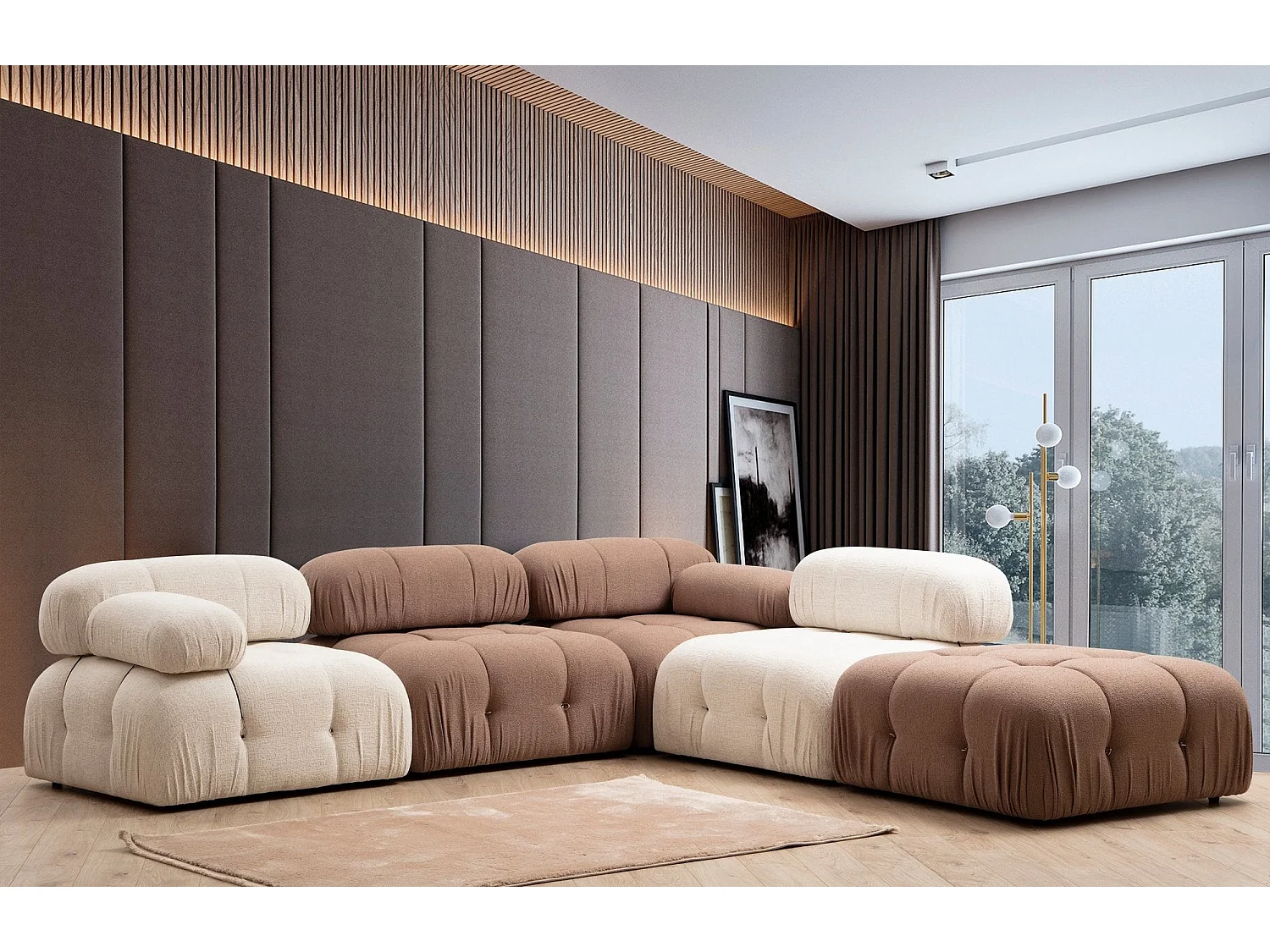 Sillón modular Altadena A105, De color marrón claro, 75x95x95cm, Tapiz, Patas: Plástico