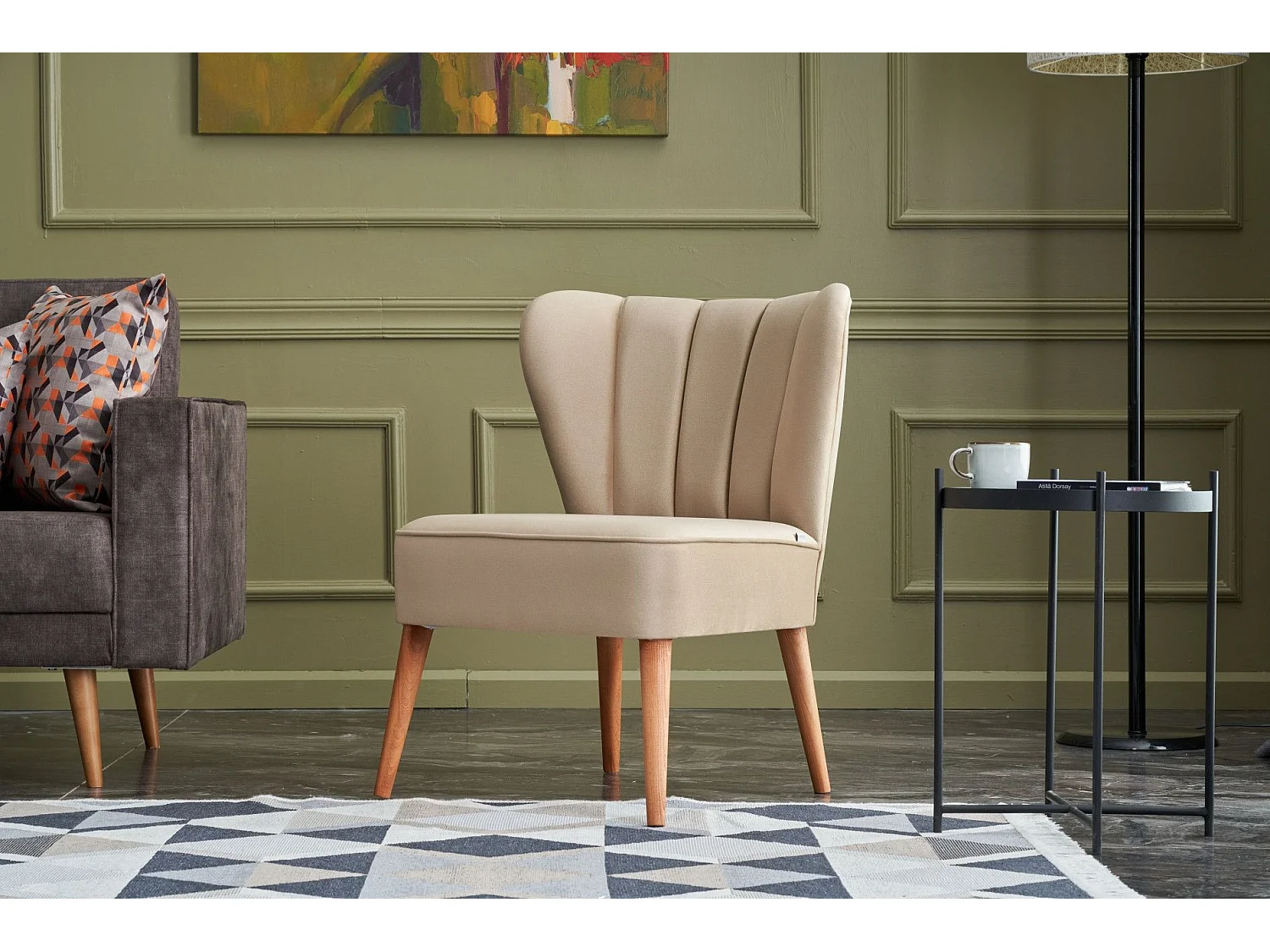 Sillón Altadena 463, De color marrón claro, 80x65x65cm, Tapiz, Patas: Madera