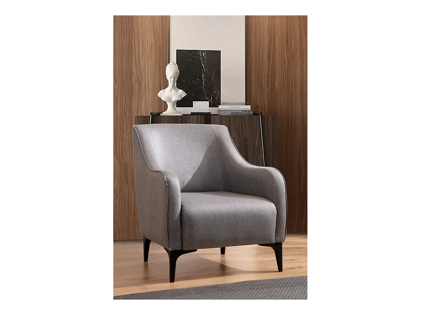 Elegante fauteuil, grijze stof, beukenhouten frame, 94x87x77 cm | 100% polyester, kussens van schuim en veren, inclusief 2 kussens | Ontwerp